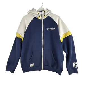 Husqvarna Motorcycles Hoodie Jacket Mens Large Blue Full Zip Hooded Logo Stained
